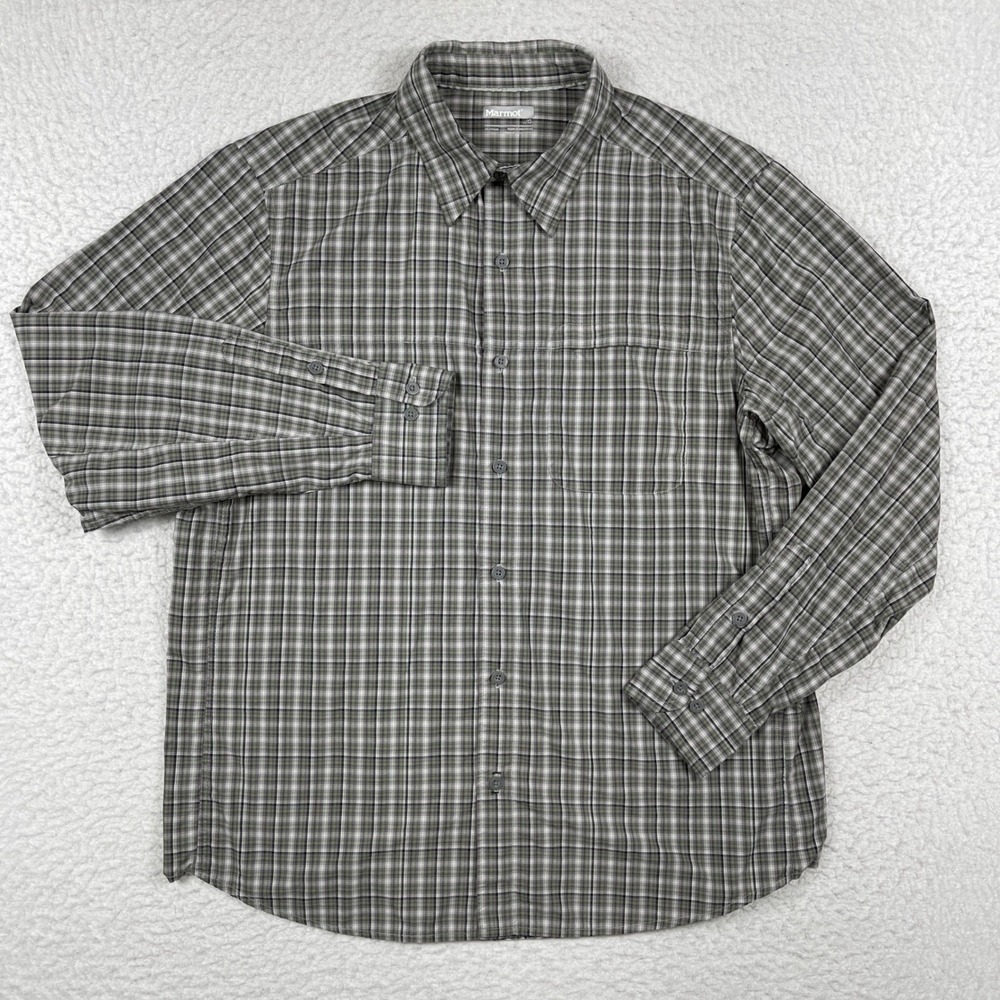 Marmot Button Up‎ Shirt Mens Large Grey Plaid Nylon Hiking Outdoor Performance